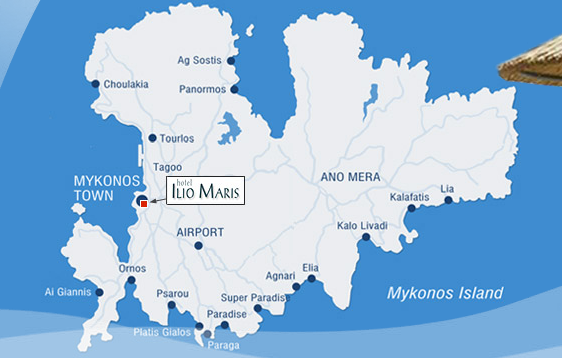 Mykonos gay friendly hotel Ilio Maris location